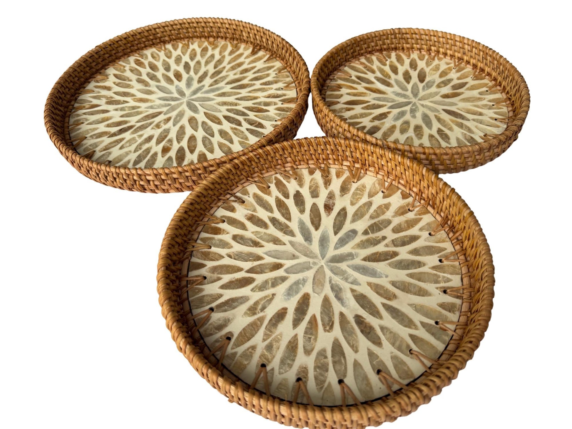 Round Mother of Pearl Inlay Rattan Tray, Handwoven Decorative Serving Tray, Natural Boho Coffee Table Accent 72