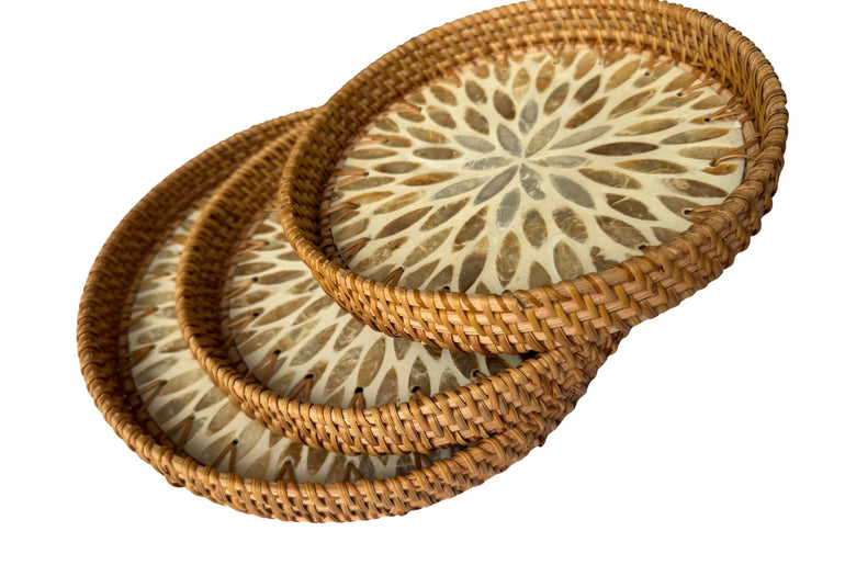 Round Mother of Pearl Inlay Rattan Tray, Handwoven Decorative Serving Tray, Natural Boho Coffee Table Accent 72