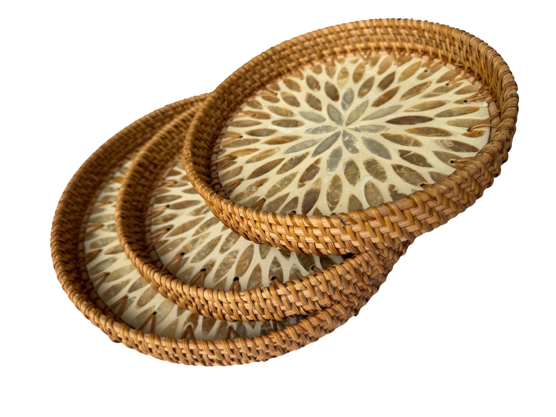 Round Mother of Pearl Inlay Rattan Tray, Handwoven Decorative Serving Tray, Natural Boho Coffee Table Accent 72