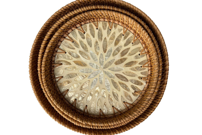 Round Mother of Pearl Inlay Rattan Tray, Handwoven Decorative Serving Tray, Natural Boho Coffee Table Accent 72