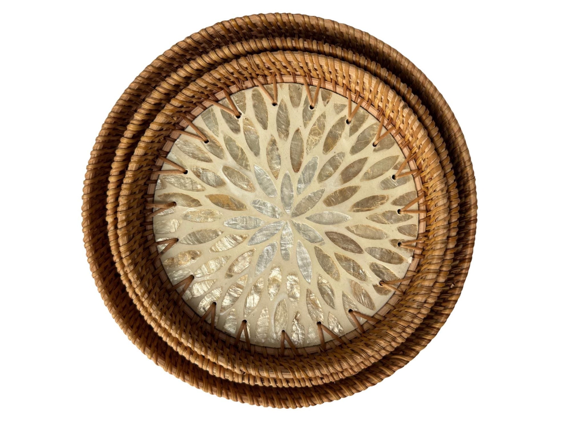 Round Mother of Pearl Inlay Rattan Tray, Handwoven Decorative Serving Tray, Natural Boho Coffee Table Accent 72