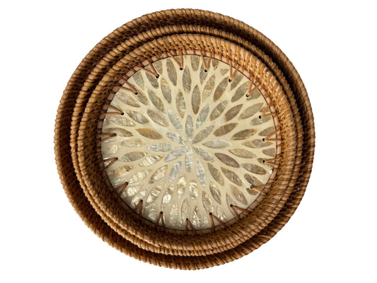 Round Mother of Pearl Inlay Rattan Tray, Handwoven Decorative Serving Tray, Natural Boho Coffee Table Accent 72