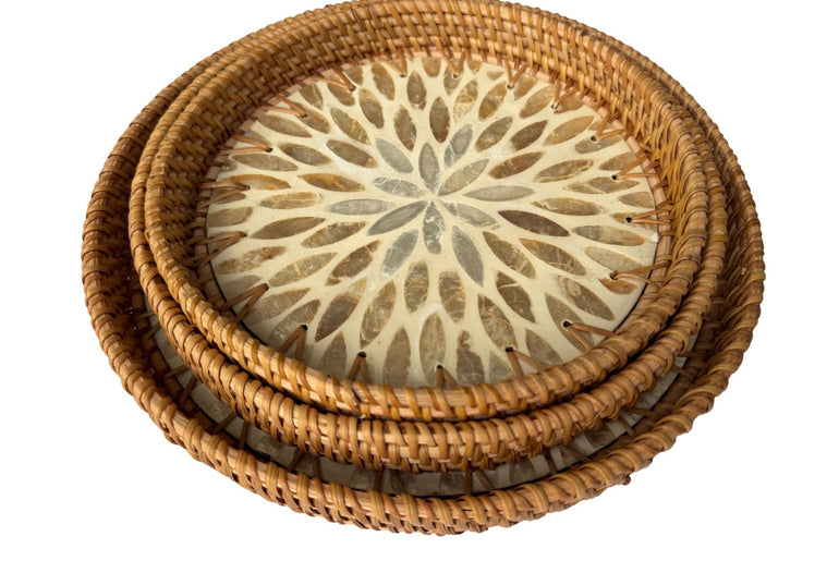 Round Mother of Pearl Inlay Rattan Tray, Handwoven Decorative Serving Tray, Natural Boho Coffee Table Accent 72