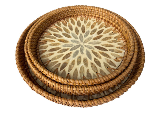Round Mother of Pearl Inlay Rattan Tray, Handwoven Decorative Serving Tray, Natural Boho Coffee Table Accent 72