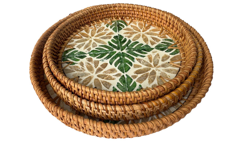 Round Mother of Pearl Inlay Rattan Tray, Handwoven Decorative Serving Tray, Natural Boho Coffee Table Accent 71