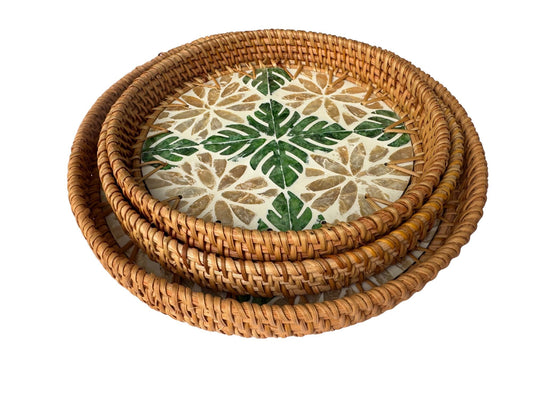 Round Mother of Pearl Inlay Rattan Tray, Handwoven Decorative Serving Tray, Natural Boho Coffee Table Accent 71