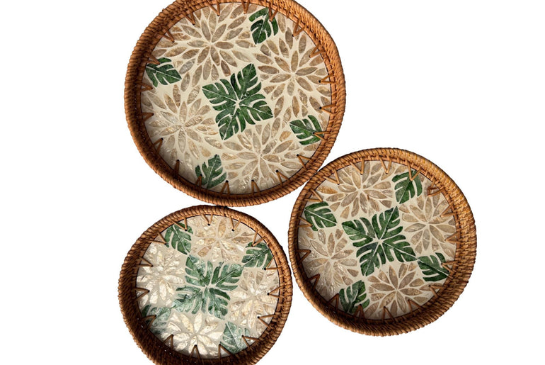 Round Mother of Pearl Inlay Rattan Tray, Handwoven Decorative Serving Tray, Natural Boho Coffee Table Accent 71