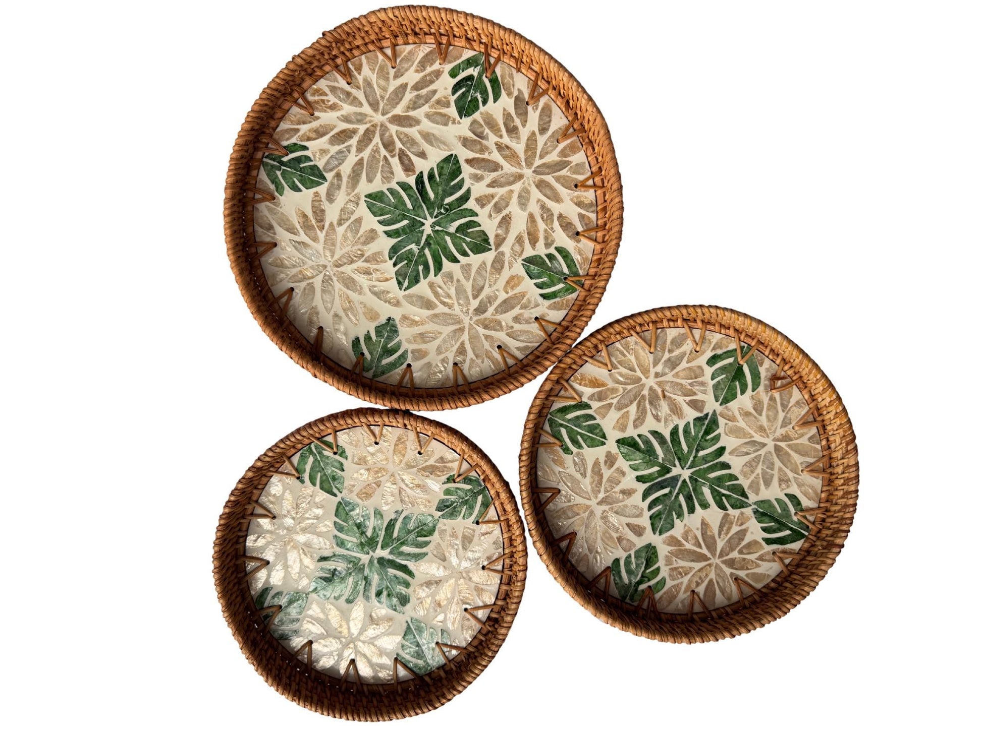 Round Mother of Pearl Inlay Rattan Tray, Handwoven Decorative Serving Tray, Natural Boho Coffee Table Accent 71