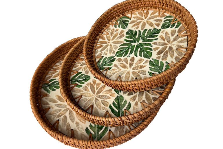 Round Mother of Pearl Inlay Rattan Tray, Handwoven Decorative Serving Tray, Natural Boho Coffee Table Accent 71