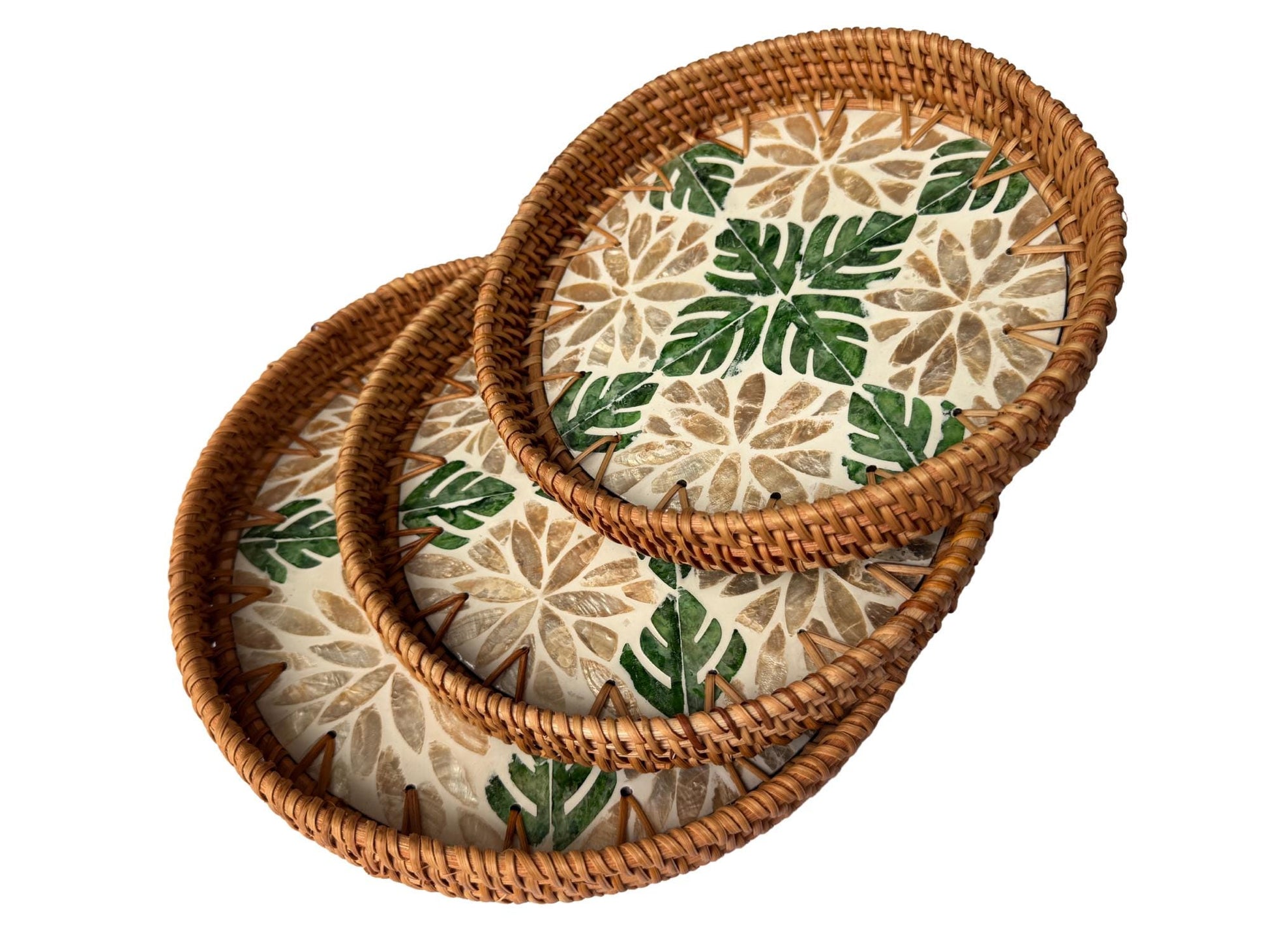 Round Mother of Pearl Inlay Rattan Tray, Handwoven Decorative Serving Tray, Natural Boho Coffee Table Accent 71