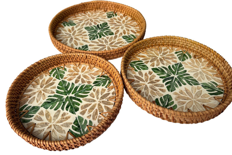 Round Mother of Pearl Inlay Rattan Tray, Handwoven Decorative Serving Tray, Natural Boho Coffee Table Accent 71