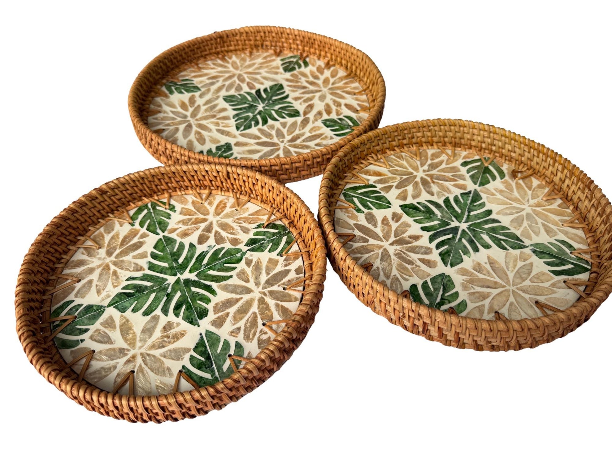 Round Mother of Pearl Inlay Rattan Tray, Handwoven Decorative Serving Tray, Natural Boho Coffee Table Accent 71