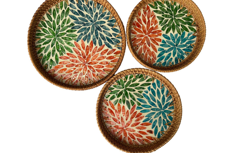 Round Mother of Pearl Inlay Rattan Tray, Handwoven Decorative Serving Tray, Natural Boho Coffee Table Accent 91