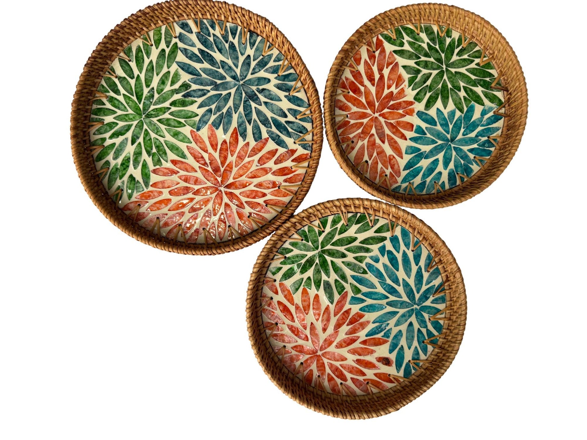 Round Mother of Pearl Inlay Rattan Tray, Handwoven Decorative Serving Tray, Natural Boho Coffee Table Accent 91