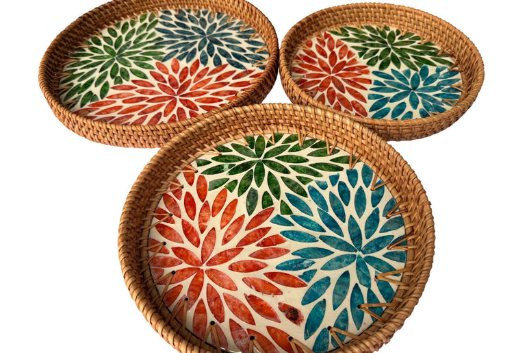 Round Mother of Pearl Inlay Rattan Tray, Handwoven Decorative Serving Tray, Natural Boho Coffee Table Accent 91