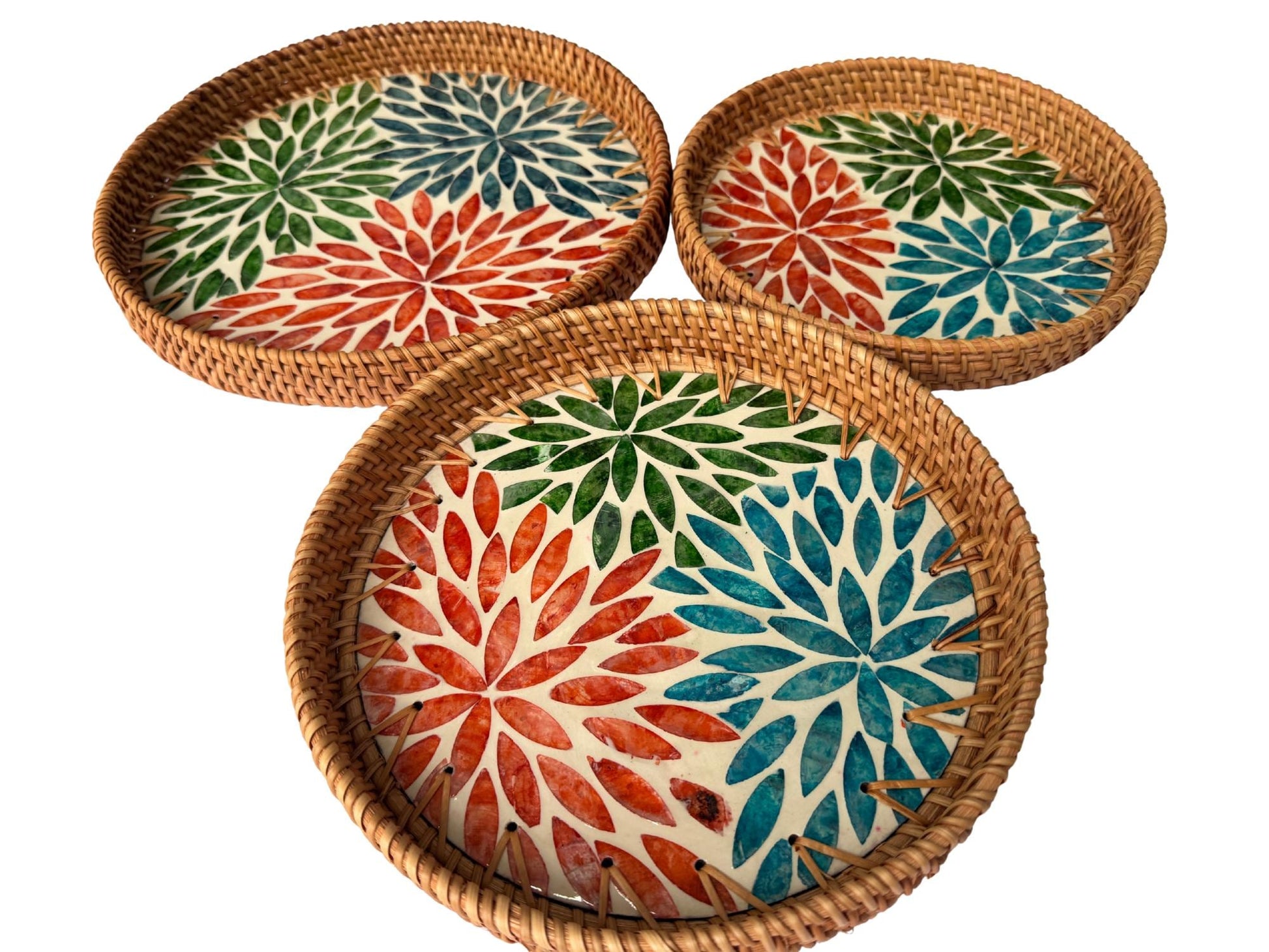 Round Mother of Pearl Inlay Rattan Tray, Handwoven Decorative Serving Tray, Natural Boho Coffee Table Accent 91