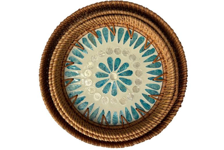 Round Mother of Pearl Inlay Rattan Tray, Handwoven Decorative Serving Tray, Natural Boho Coffee Table Accent 67