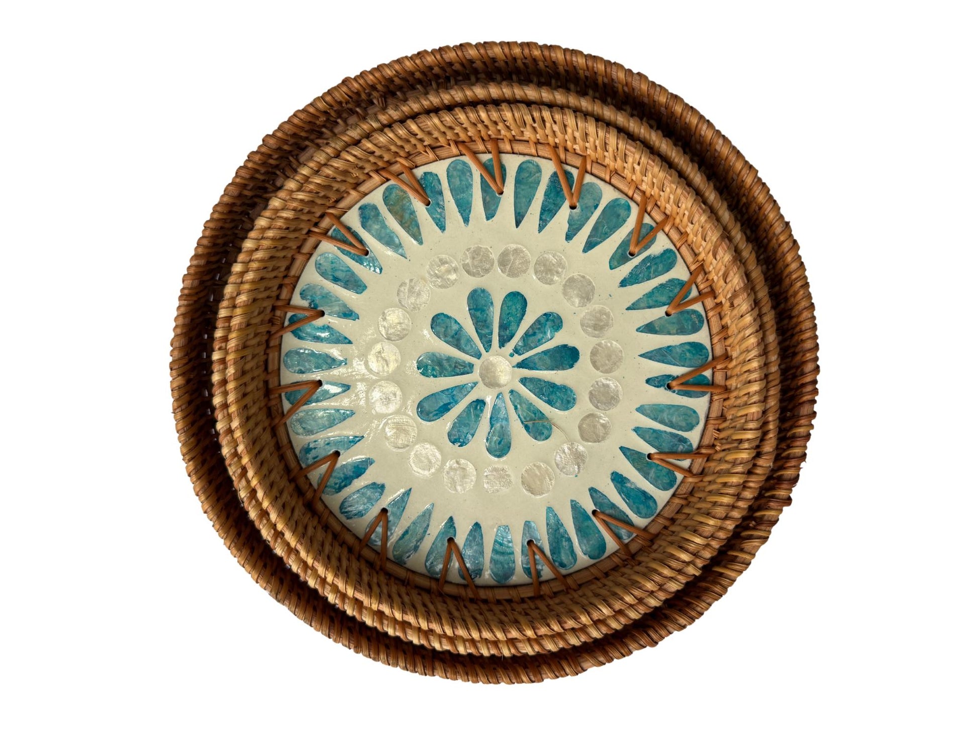 Round Mother of Pearl Inlay Rattan Tray, Handwoven Decorative Serving Tray, Natural Boho Coffee Table Accent 67