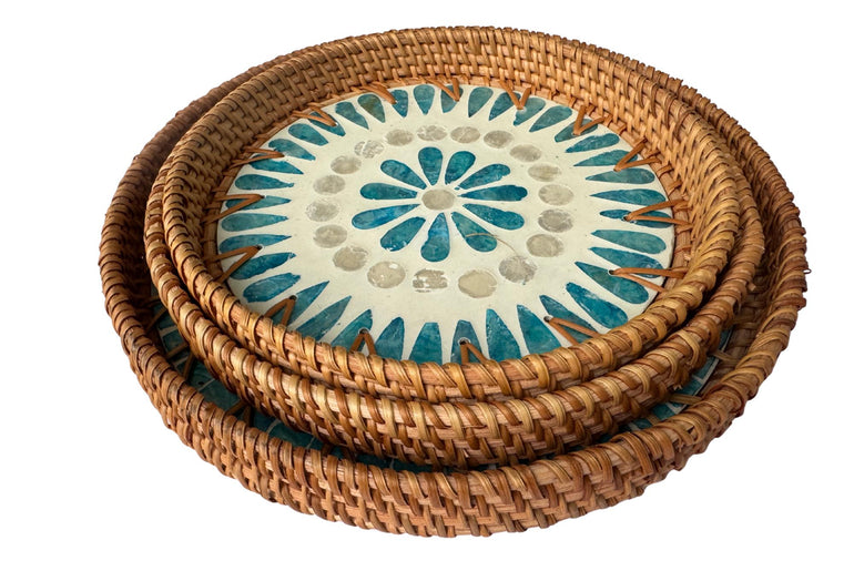 Round Mother of Pearl Inlay Rattan Tray, Handwoven Decorative Serving Tray, Natural Boho Coffee Table Accent 67