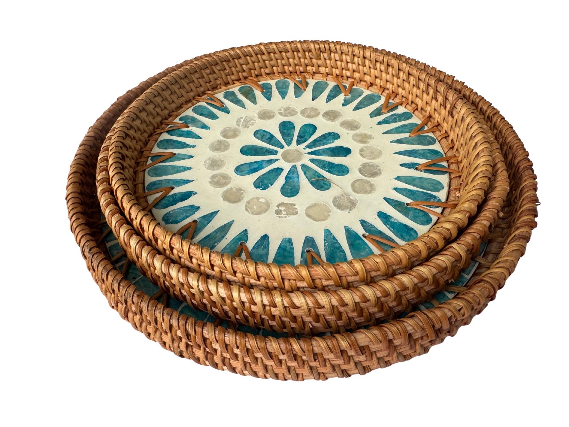 Round Mother of Pearl Inlay Rattan Tray, Handwoven Decorative Serving Tray, Natural Boho Coffee Table Accent 67