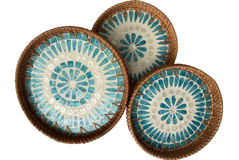 Round Mother of Pearl Inlay Rattan Tray, Handwoven Decorative Serving Tray, Natural Boho Coffee Table Accent 67