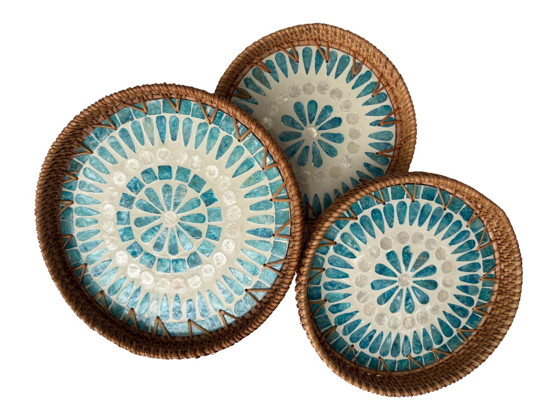 Round Mother of Pearl Inlay Rattan Tray, Handwoven Decorative Serving Tray, Natural Boho Coffee Table Accent 67