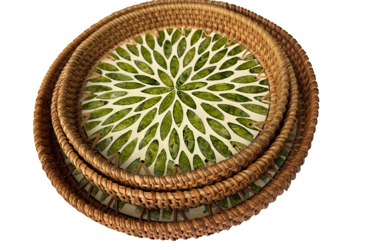Round Mother of Pearl Inlay Rattan Tray, Handwoven Decorative Serving Tray, Natural Boho Coffee Table Accent 70