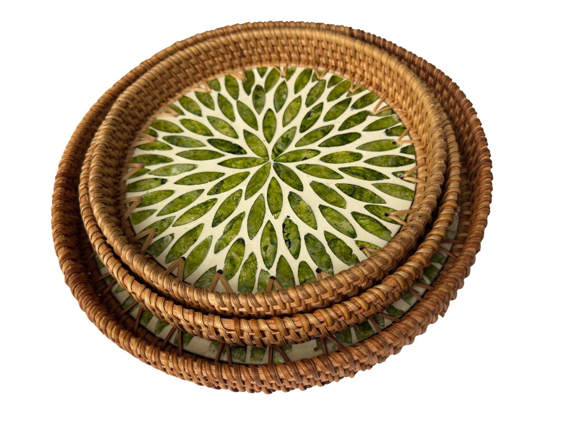 Round Mother of Pearl Inlay Rattan Tray, Handwoven Decorative Serving Tray, Natural Boho Coffee Table Accent 70