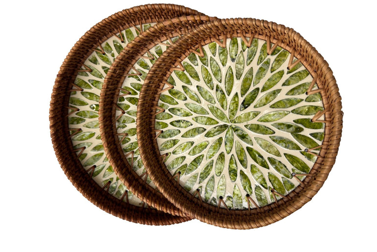Round Mother of Pearl Inlay Rattan Tray, Handwoven Decorative Serving Tray, Natural Boho Coffee Table Accent 70