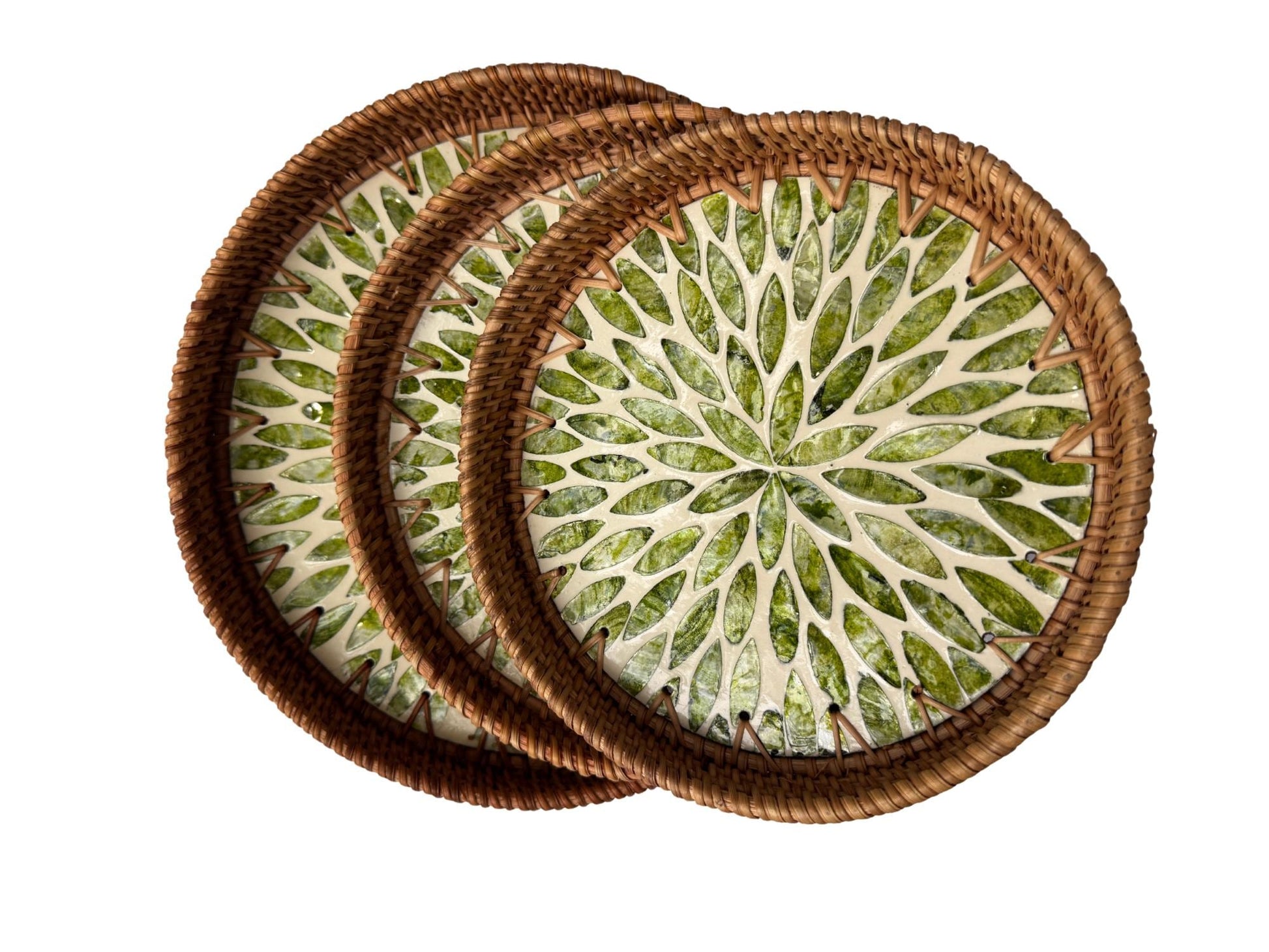Round Mother of Pearl Inlay Rattan Tray, Handwoven Decorative Serving Tray, Natural Boho Coffee Table Accent 70