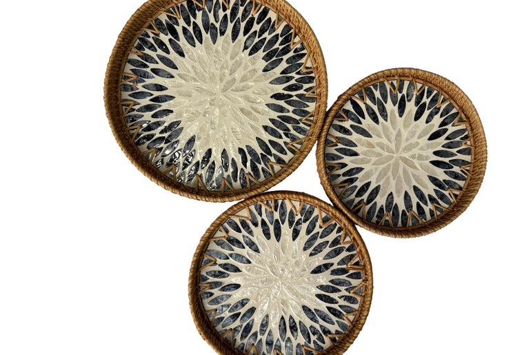Round Mother of Pearl Inlay Rattan Tray, Handwoven Decorative Serving Tray, Natural Boho Coffee Table Accent 66