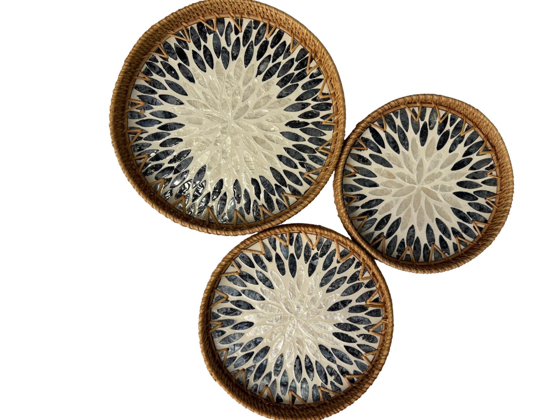 Round Mother of Pearl Inlay Rattan Tray, Handwoven Decorative Serving Tray, Natural Boho Coffee Table Accent 66