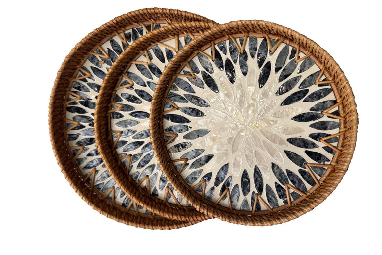 Round Mother of Pearl Inlay Rattan Tray, Handwoven Decorative Serving Tray, Natural Boho Coffee Table Accent 66
