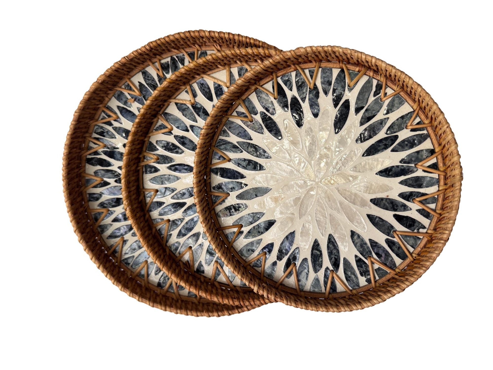Round Mother of Pearl Inlay Rattan Tray, Handwoven Decorative Serving Tray, Natural Boho Coffee Table Accent 66