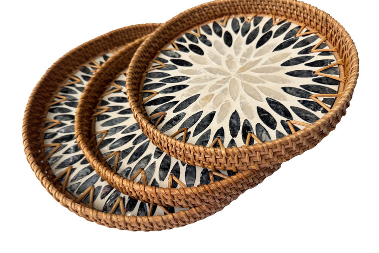 Round Mother of Pearl Inlay Rattan Tray, Handwoven Decorative Serving Tray, Natural Boho Coffee Table Accent 66