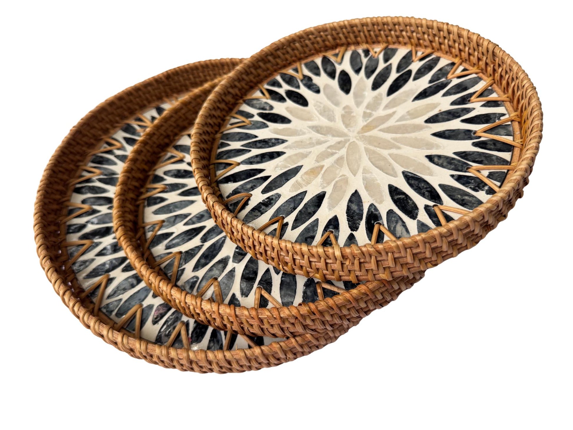 Round Mother of Pearl Inlay Rattan Tray, Handwoven Decorative Serving Tray, Natural Boho Coffee Table Accent 66