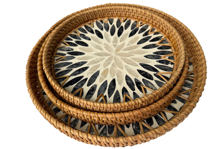 Round Mother of Pearl Inlay Rattan Tray, Handwoven Decorative Serving Tray, Natural Boho Coffee Table Accent 66