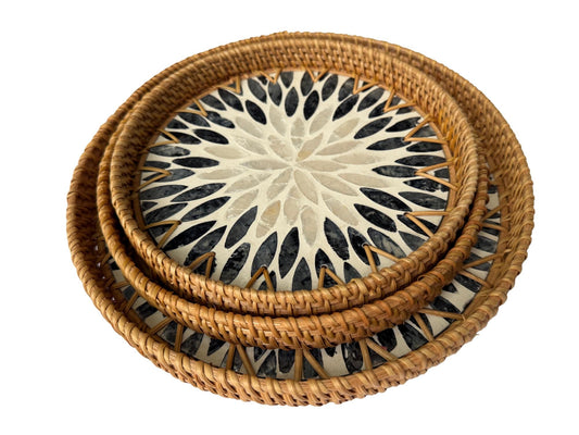 Round Mother of Pearl Inlay Rattan Tray, Handwoven Decorative Serving Tray, Natural Boho Coffee Table Accent 66