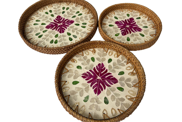 Round Mother of Pearl Inlay Rattan Tray, Handwoven Decorative Serving Tray, Natural Boho Coffee Table Accent 75