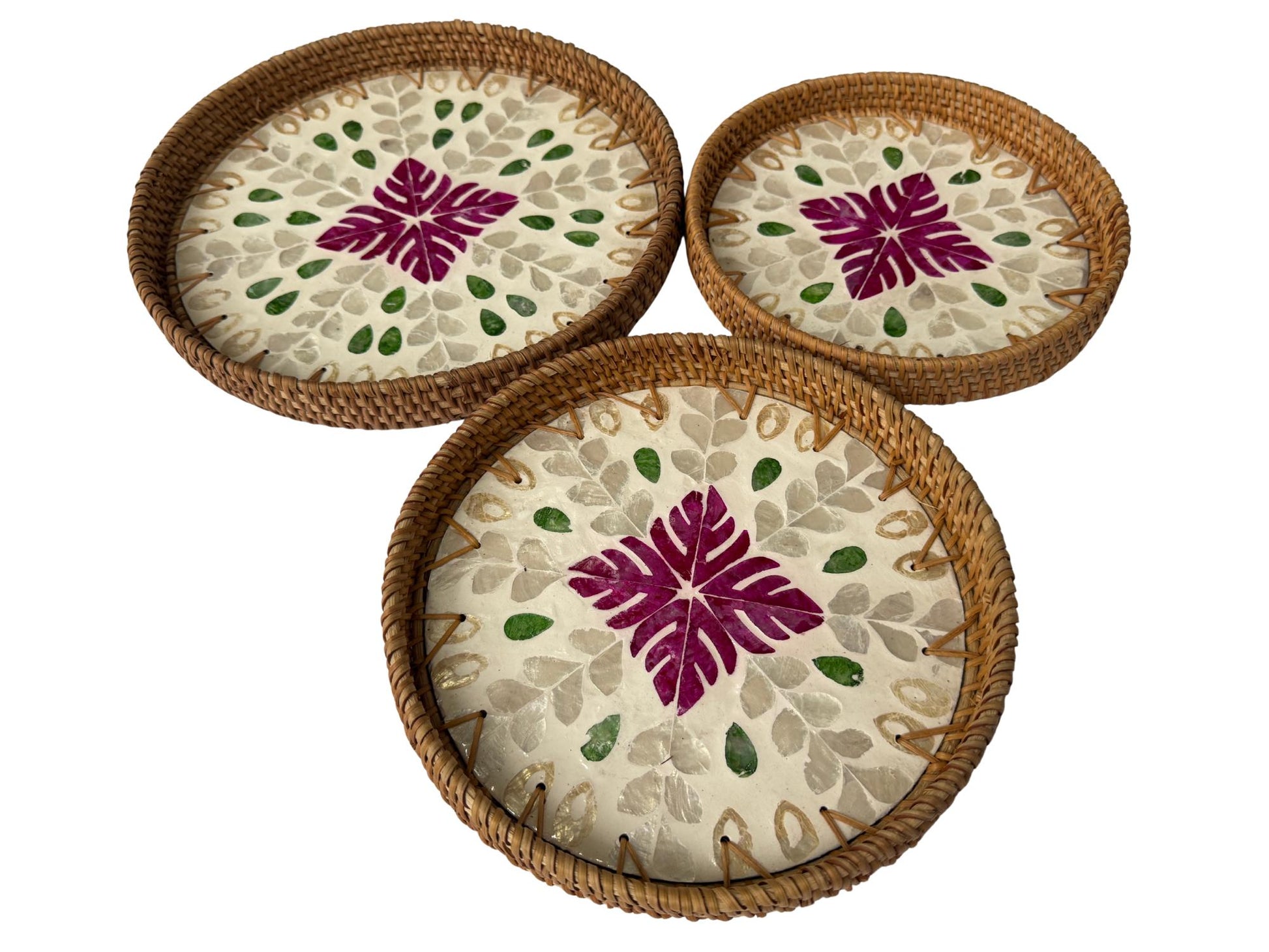 Round Mother of Pearl Inlay Rattan Tray, Handwoven Decorative Serving Tray, Natural Boho Coffee Table Accent 75
