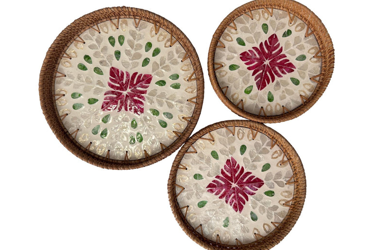 Round Mother of Pearl Inlay Rattan Tray, Handwoven Decorative Serving Tray, Natural Boho Coffee Table Accent 75