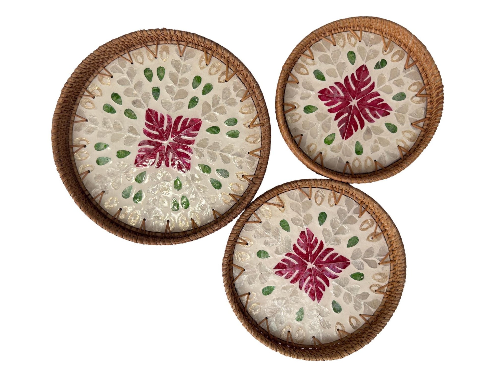 Round Mother of Pearl Inlay Rattan Tray, Handwoven Decorative Serving Tray, Natural Boho Coffee Table Accent 75