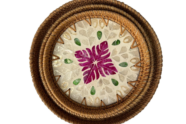 Round Mother of Pearl Inlay Rattan Tray, Handwoven Decorative Serving Tray, Natural Boho Coffee Table Accent 75