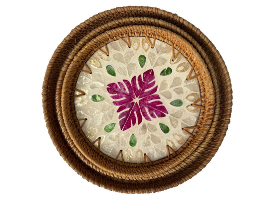 Round Mother of Pearl Inlay Rattan Tray, Handwoven Decorative Serving Tray, Natural Boho Coffee Table Accent 75