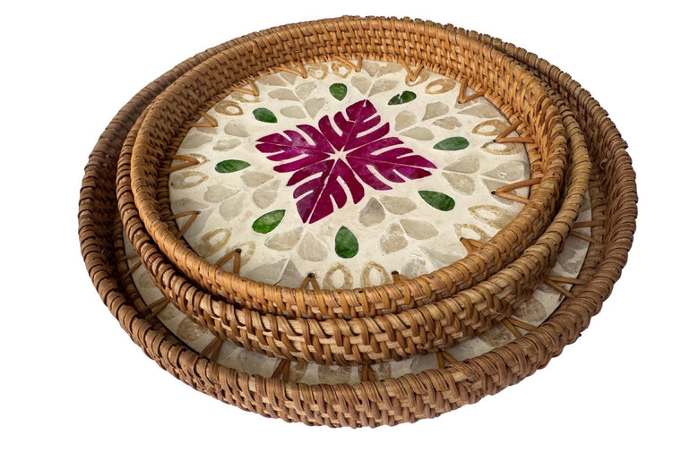 Round Mother of Pearl Inlay Rattan Tray, Handwoven Decorative Serving Tray, Natural Boho Coffee Table Accent 75