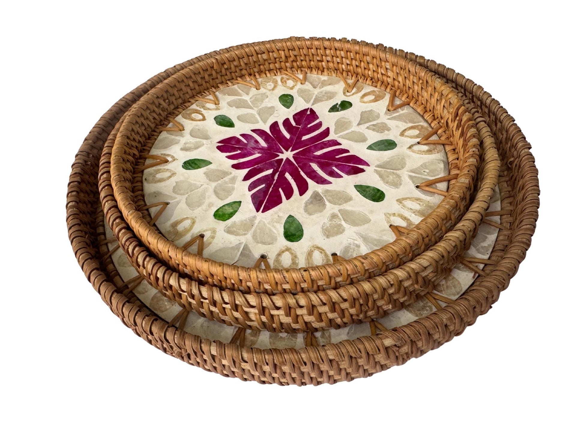 Round Mother of Pearl Inlay Rattan Tray, Handwoven Decorative Serving Tray, Natural Boho Coffee Table Accent 75