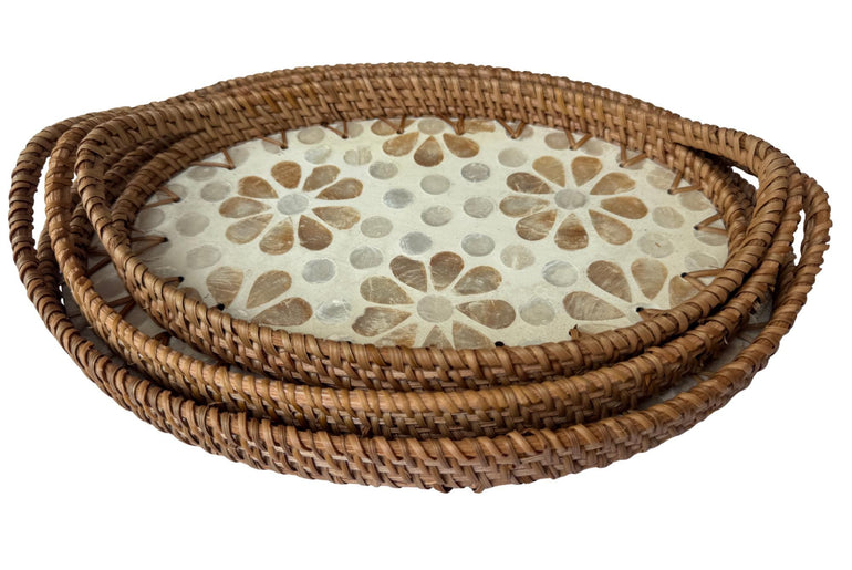 Oval Rattan Tray with Handles and Mother of Pearl Inlay Base, Handmade Woven Serving Tray, Boho Home Decor, Handmade Vietnam 153