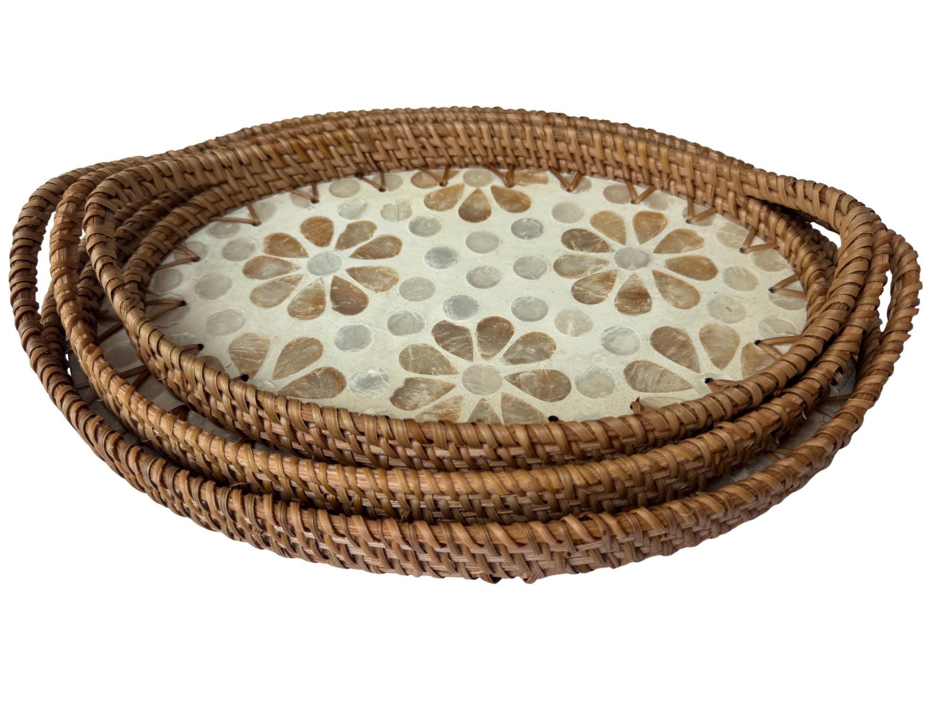 Oval Rattan Tray with Handles and Mother of Pearl Inlay Base, Handmade Woven Serving Tray, Boho Home Decor, Handmade Vietnam 153