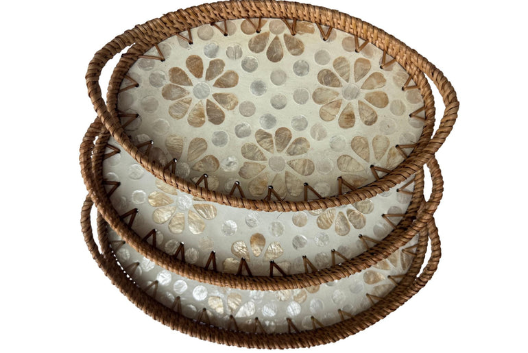 Oval Rattan Tray with Handles and Mother of Pearl Inlay Base, Handmade Woven Serving Tray, Boho Home Decor, Handmade Vietnam 153