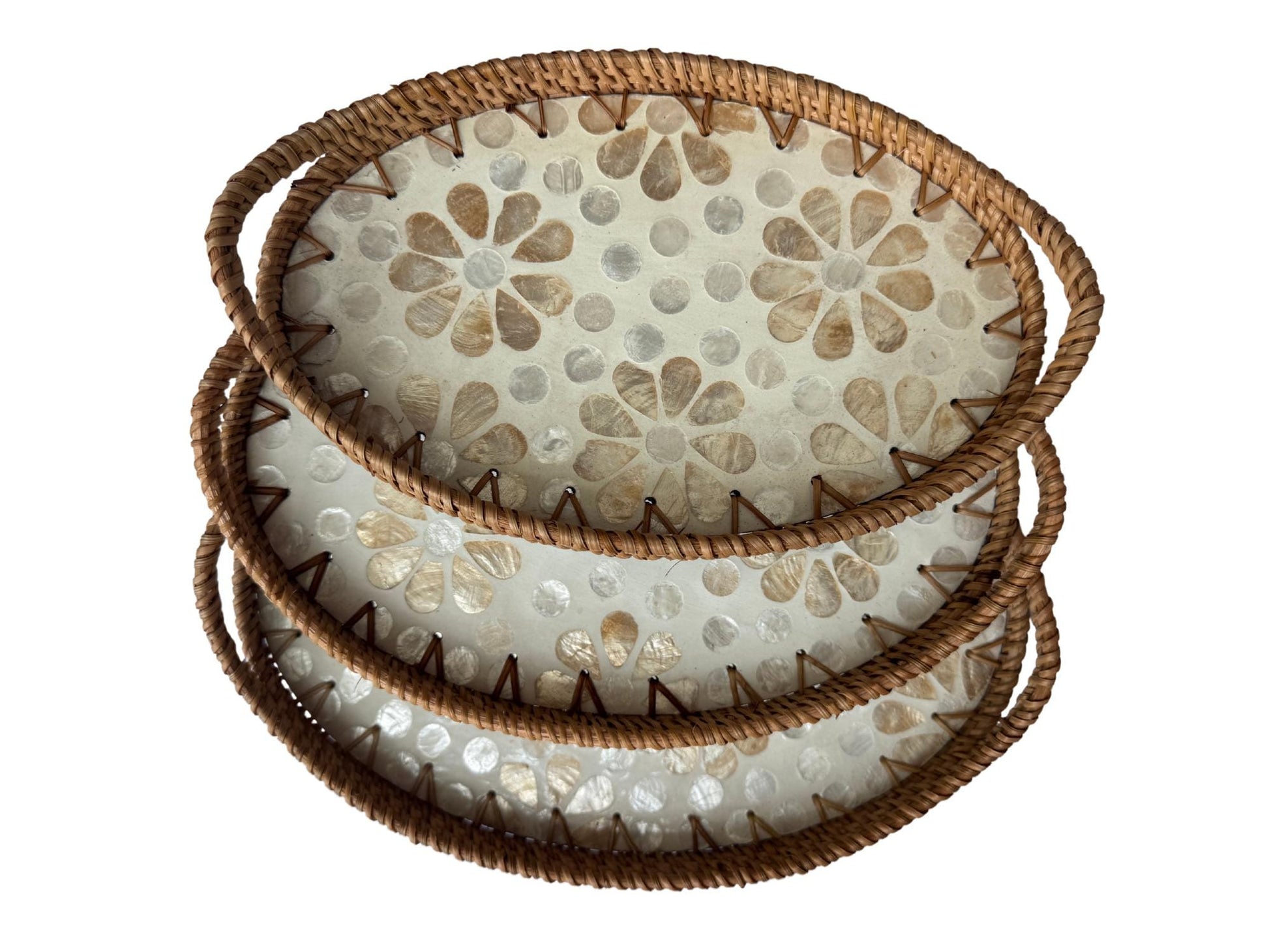 Oval Rattan Tray with Handles and Mother of Pearl Inlay Base, Handmade Woven Serving Tray, Boho Home Decor, Handmade Vietnam 153